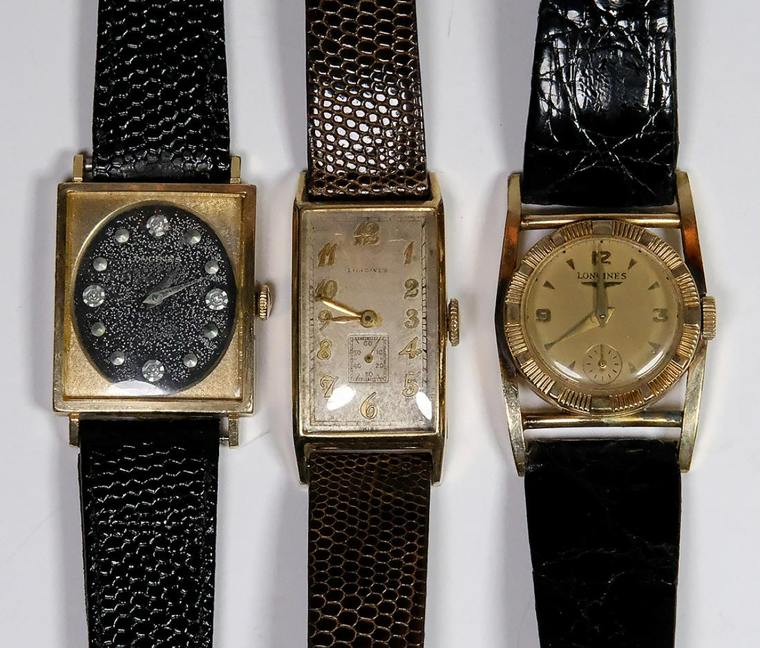 Three 10K Yellow Gold Filled Longines Wristwatches with: Three 10K Yellow Gold Filled Longines Wristwatches with Leather Bands. 8" condition good normal wear may need service
