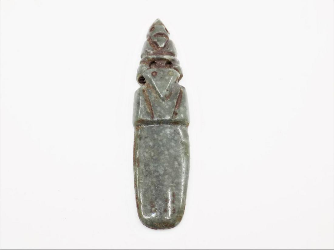 Pre-Columbian Avian Axe God Pendant, Blue Jade Avian: Pre-Columbian Avian Axe God Pendant, Blue Jade Avian Axe God Pendant, Avian Features, Masked Avian Pendant, Origin: Central America, Age: 500-800 A.D.
