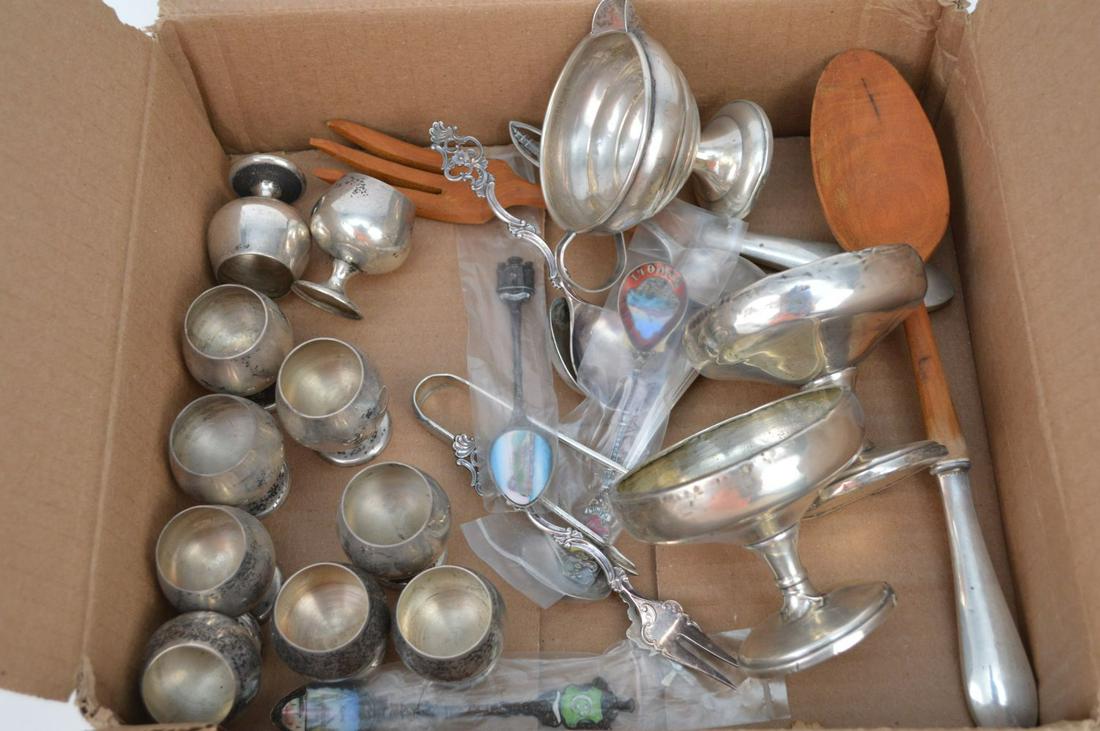 Miscellaneous Lot of Sterling Silver Table Articles: Miscellaneous Lot of Sterling Silver Table Articles Comprising of: A. 10 Sterling Shot Glasses B. 6 Serving Pieces C. 2 Sterling Wood-Handled Salad Forks and Spoons D. 4 Enamel Souvenir Spoons E. 1 We