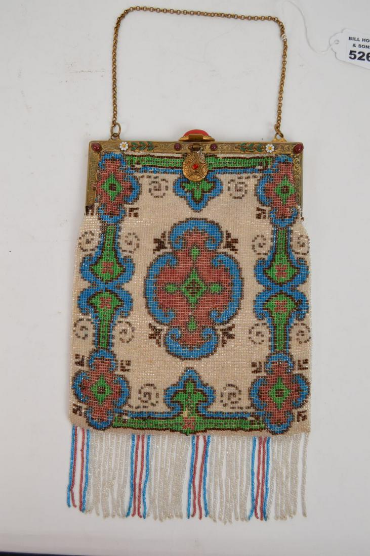 Beaded Antique bag with enamel and stone frame: Beaded Antique bag with enamel and stone frame, has small mirror in pouch inside. some tearing inside approx. 9 x 7 inches