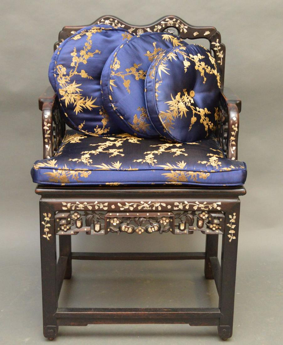 Chinese arm chairs, Mother of Pearl inlay and one: Chinese arm chairs, Mother of Pearl inlay and one heavily carved