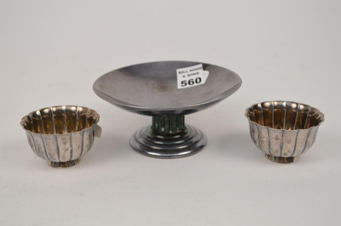 Christofle pedestal dish & 2 Sterling Bulgari salts: Christofle pedestal dish & 2 Bulgari salts.The Christofle is 2 1/2"h x 5 1/8"dia. SilverplatedThe pair of Bvlgari i 1 1/2"h x 2 1/2"dia and they are 925 sterling, Made in Italy