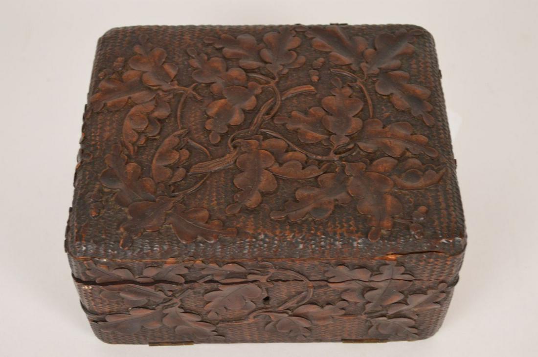 19th CENTURY BLACK FOREST CARVED WOOD CIGAR BOX.: 19th CENTURY BLACK FOREST CARVED WOOD CIGAR BOX. Condition: good with minor normal wear. Height 4 1/4" Width 7 1/2" Depth 6"