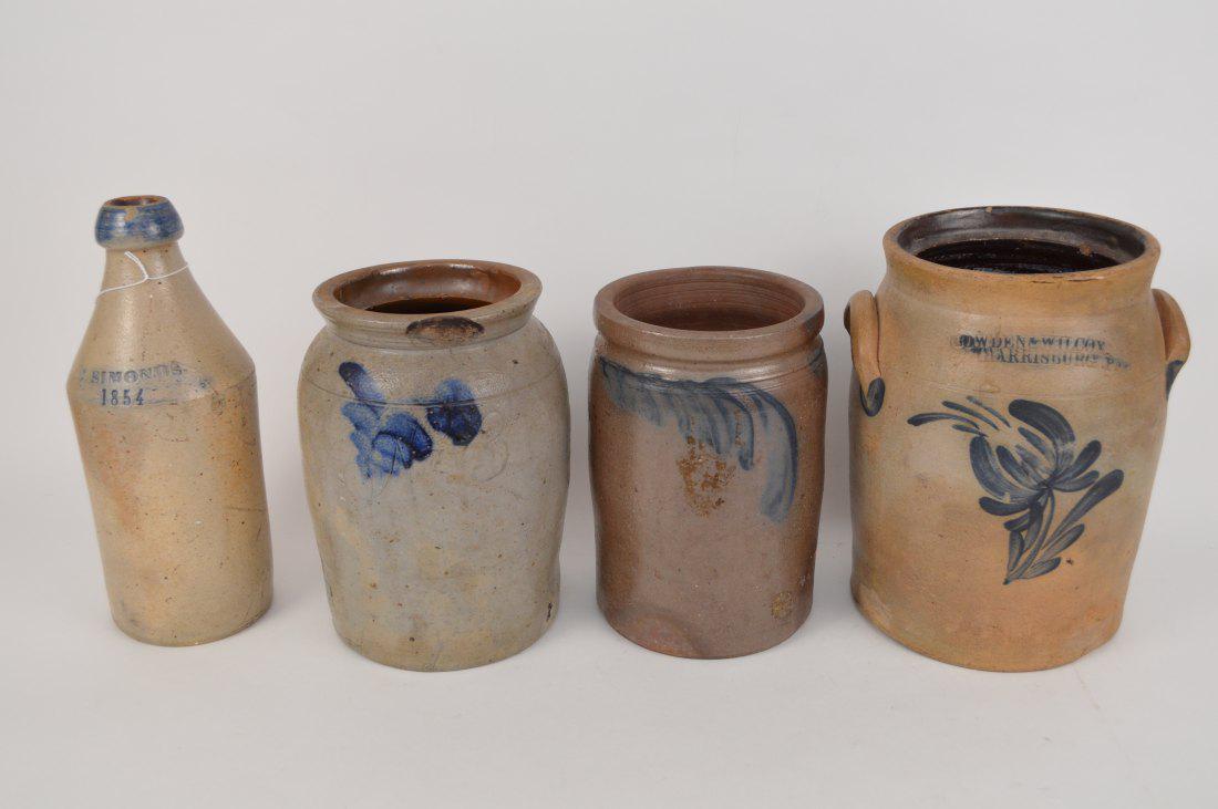 4 American 19th c. Stoneware pieces, incl; Crock Cowden: 4 American 19th c. Stoneware pieces, incl; Crock Cowden & Wilcox, Harrisburg PA, blue floral design (9 1/2"h x 6"dia, tiny imperfection on rim), Beer Bottle, J. Simonds 1854, Boston (10 3/4"h, two tin