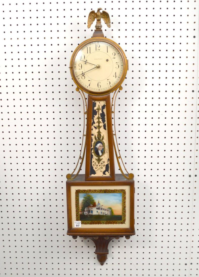 Banjo Clock, c. 1930, Waltham, Englomise Mt. Vernon &: Banjo Clock, c. 1930, Waltham, Englomise Mt. Vernon & Washington Portrait, 38"h (flaking)