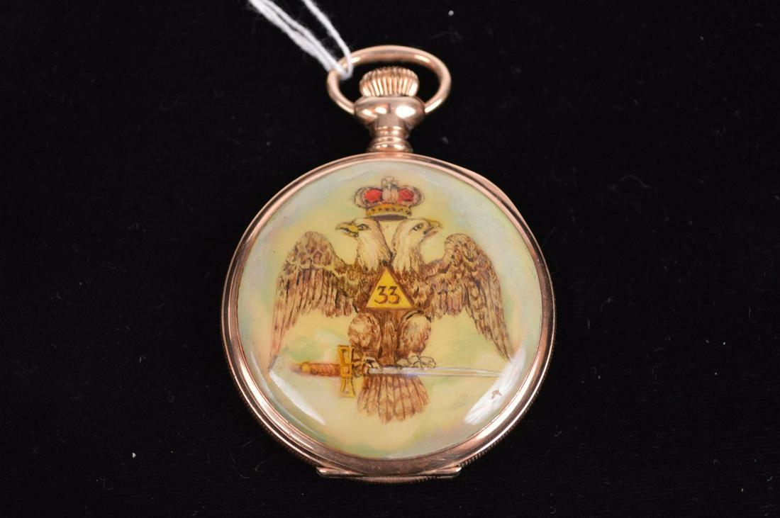 Gold Filled Masonic & 33rd Degree Mason Double­Headed: Gold Filled Masonic & 33rd Degree Mason Double­Headed Eagle, hunting case pocket watch made by the Waltham Watch Company. Circa 1897 size 2" x.5" x 2"