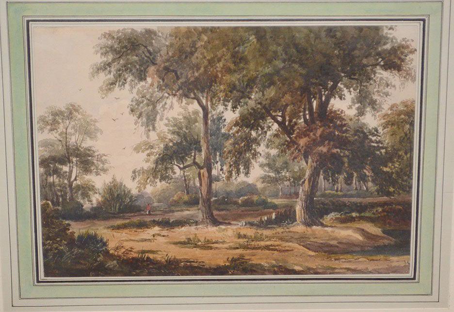 JOHN CONSTABLE WATERCOLOR Attributed/Possibly:: JOHN CONSTABLE WATERCOLOR Attributed/Possibly: extensive list of exhibition / gallery stickers verso. John Constable (United Kingdom 1776 - 1837) Watercolor Landscape with figure, signed "J C" lower r