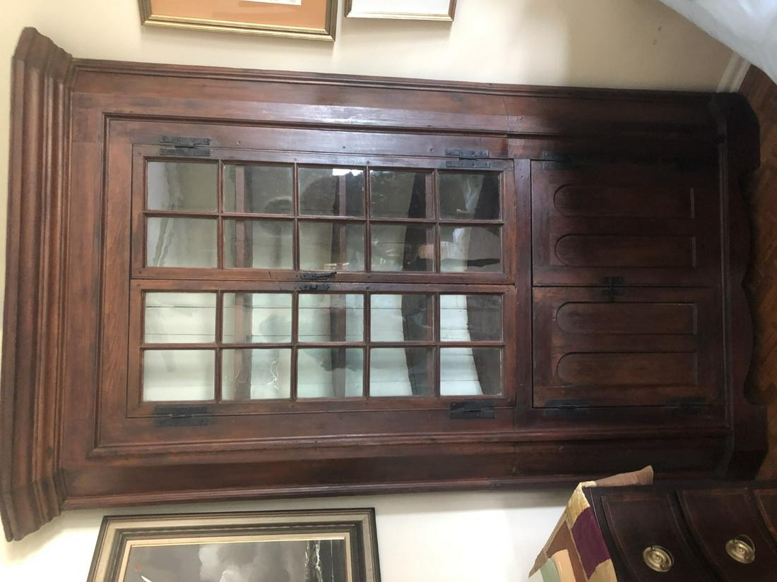 Amerian Early 19th C. Barrell Back Corner Cupboard with: Amerian Early 19th C. Barrell Back Corner Cupboard with 2 glazed, 12 pane doors
