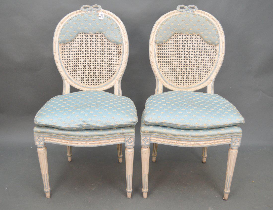 Pair French style White & Blue caned oval back side: Pair French style White & Blue caned oval back side chairs with loose down cushions on each