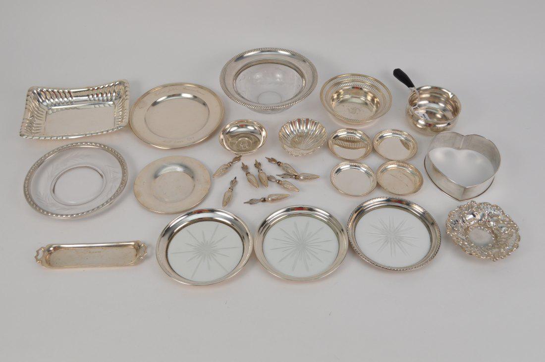 Sterling lot, sauce & pin dishes, 4 butter pats, 8 corn: Sterling lot, sauce & pin dishes, 4 butter pats, 8 corn holders, bread plate, 3 wine coasters, deep rectangular bowl & more, 1lb 9 ozt, (without glass)