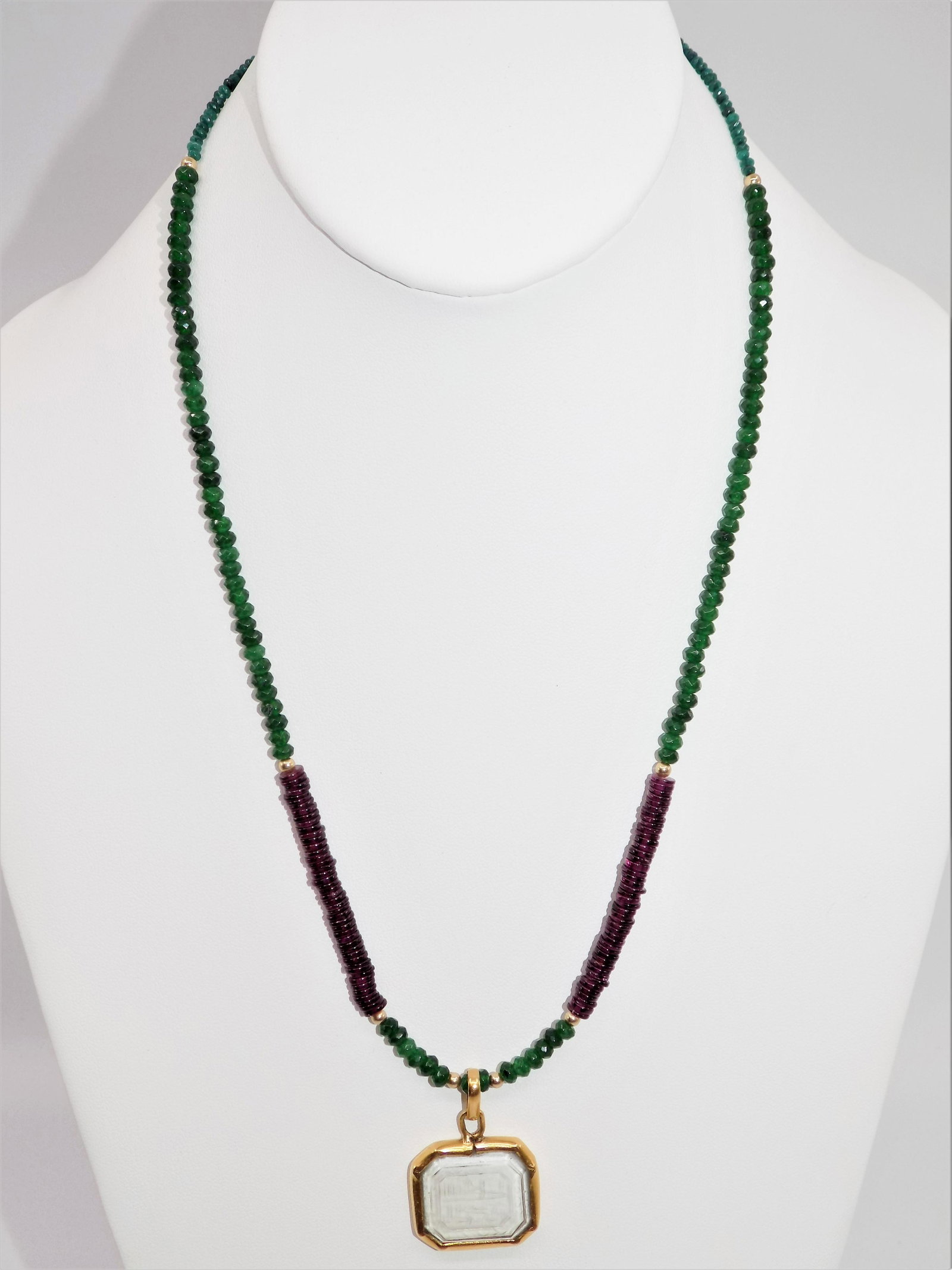 Necklace, Egyptian Quartz Carving, Ancient, Custom Gold: Necklace, Egyptian Quartz Carving, Ancient, Custom Gold Bezel, Emeralds and Garnets, Dimensions: 12" Drop Length, Age: 200 A.D.