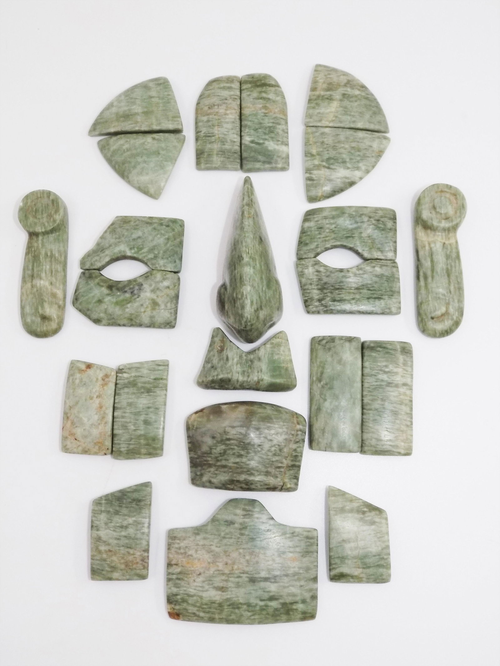 Pre-Columbian Jade Mosaic Mask, Mottled Green Jade: Pre-Columbian Jade Mosaic Mask, Mottled Green Jade Mosaic Pieces to Form a Mask Over Wood, Ceremonial Piece or Burial Mask, Traces of Cinnabar, Mineral Deposits, Mica Deposits, Ancient Tool Marks, Mas