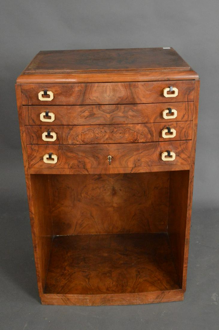 Mahogany 4 drawer fitted silver chest with Deco: Mahogany 4 drawer fitted silver chest with Deco Bakelite handles, burled surface (slight wear to edges)