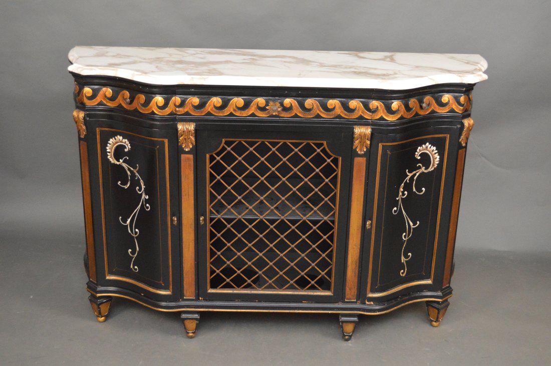 Painted black and gold console with grid center door: Painted black and gold console with grid center door and white marble top