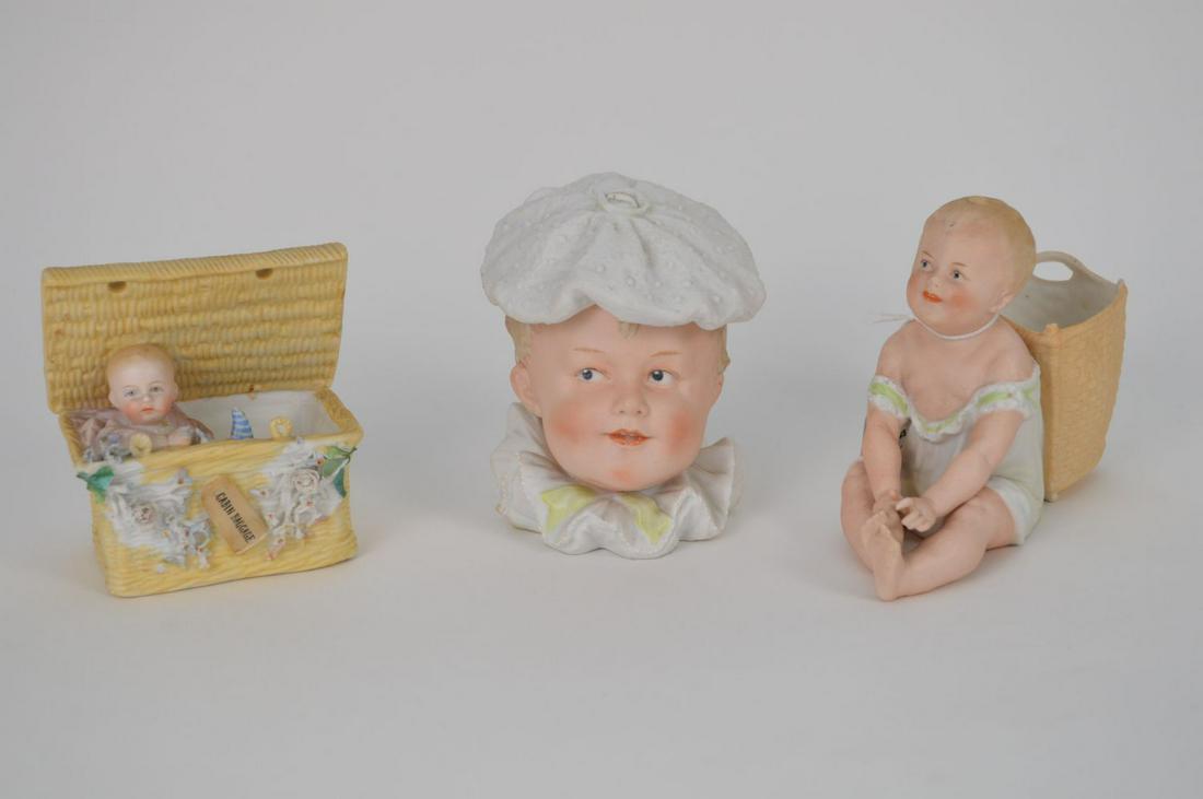 3 Novelty Antique Piano Bablies, 1 box hat lid, 1 baby: 3 Novelty Antique Piano Bablies, 1 box hat lid, 1 baby on trunk and smallest crawling baby