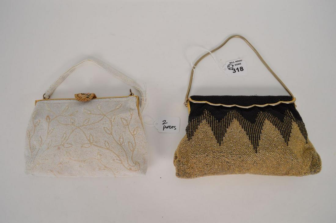 Two (2) Fine European Evening Purses. A) Joseph Hand: Two (2) Fine European Evening Purses. A) Joseph Hand Beaded in France, with gold and black beads 9” x 5 ½”, b) vintage made in France by Carry, depicting a painted scene in middle 8” x 5 ½”-