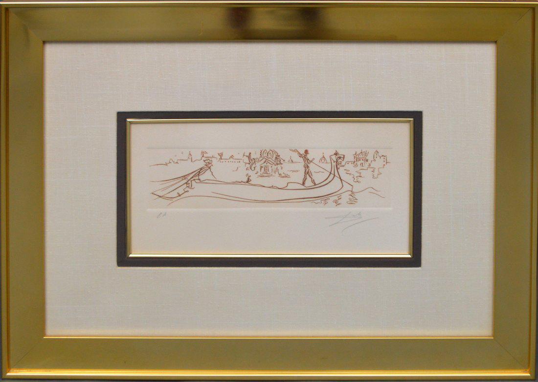 SALVADOR DALI (Spanish, 1904 – 1989) Etching Gondola: SALVADOR DALI (Spanish, 1904 – 1989) Etching Gondola ride, Artist Proof, EA and signed lower right Lithograph Pencil Signed, impression size 3 x 11-5/8 inches. Framed size 18-1/2 x 25-1/2 inches