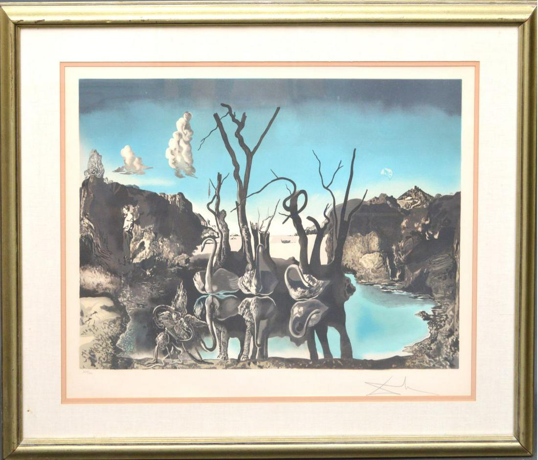 SALVADOR DALI (Spanish, 1904 – 1989) Lithograph in: SALVADOR DALI (Spanish, 1904 – 1989) Lithograph in colors -Swans Reflecting Elephants - Depicts swans and rocks. Edition No. in pencil on lower left: “250/300”. Watermark on left. H. 20 x W. 29 
