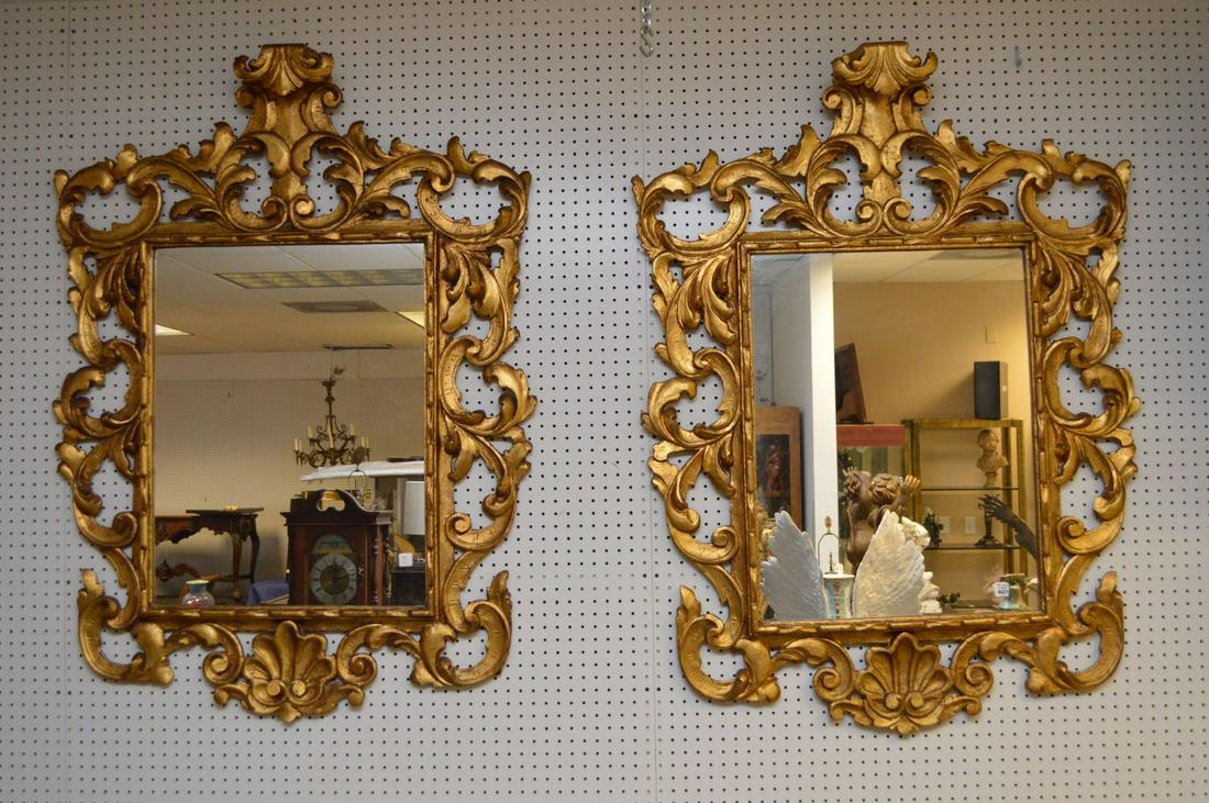 Pair Carved gilded wood rococo frame mirrors, 54"h x: Pair Carved gilded wood rococo frame mirrors, 54"h x 36"w