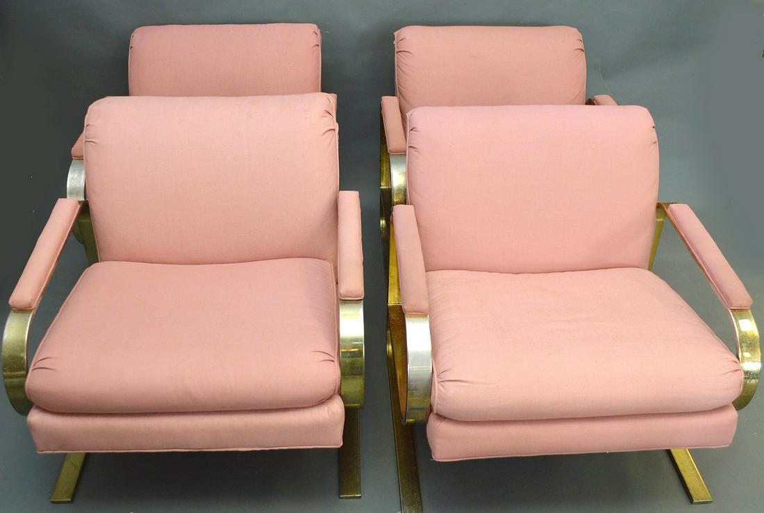 4 Mid Century Modern steel frame pink color upholstered: 4 Mid Century Modern steel frame pink color upholstered arm chairs (worn gold finish)