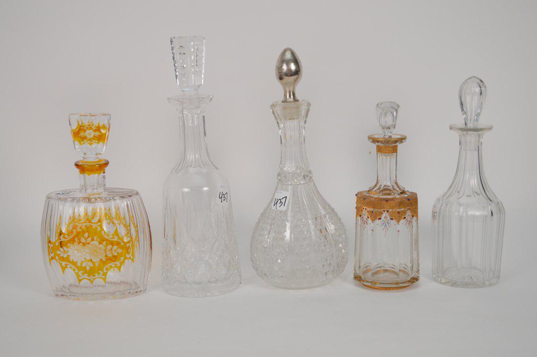 5 Vintage Cut Crystal Decanters, 13 1/2"h tallest (some: 5 Vintage Cut Crystal Decanters, 13 1/2"h tallest (some gold loss to one)