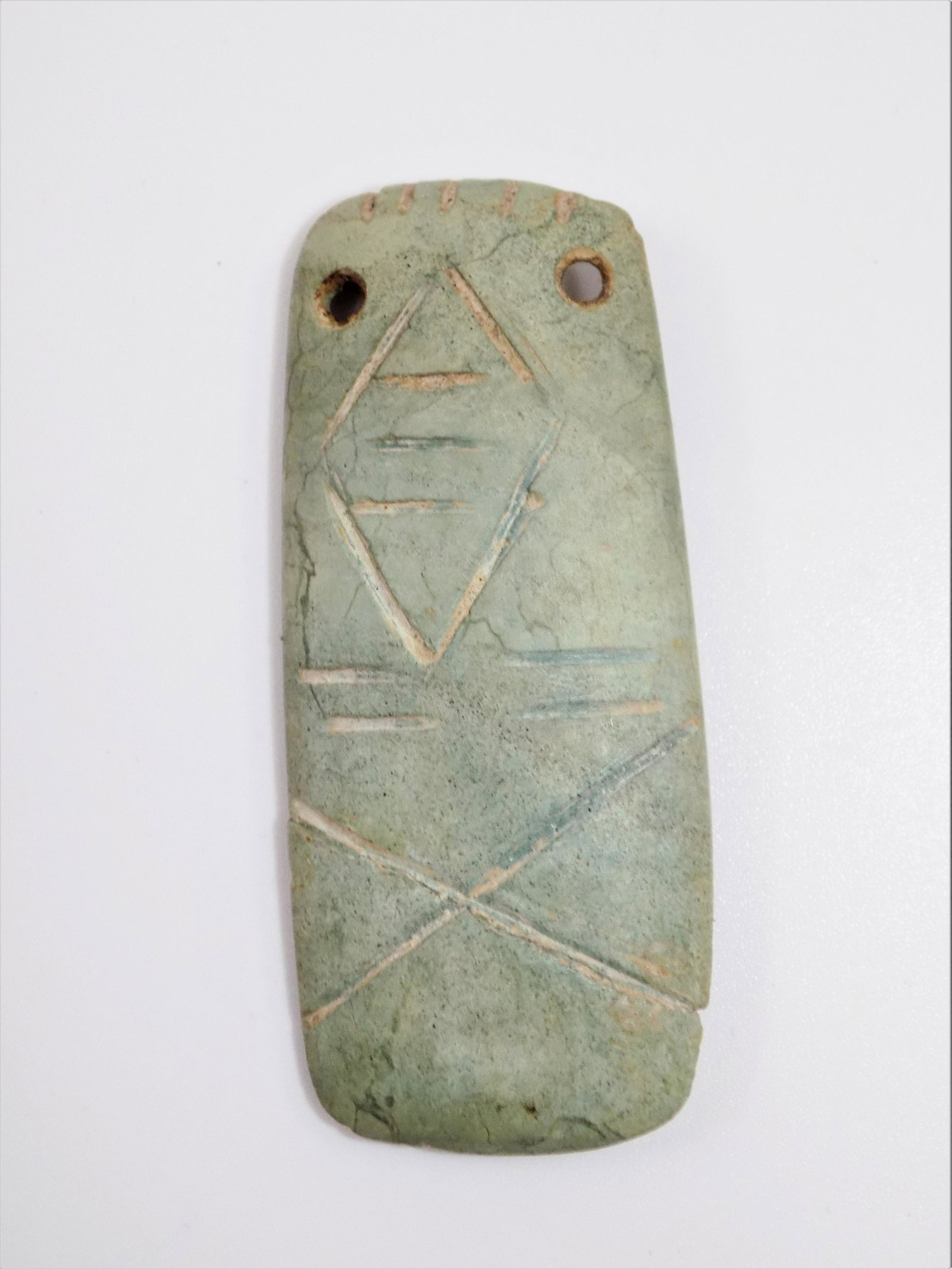 Pre-Columbian Avian Axe Pendant, Green Stone, Incised: Pre-Columbian Avian Axe Pendant, Green Stone, Incised Lines, Ceremonial Half Back, Holes Drilled For Suspension, Dimensions: 2 1/8" x 7/8", Origin: Nicoya Costa Rica, Age: 300-800 A.D.