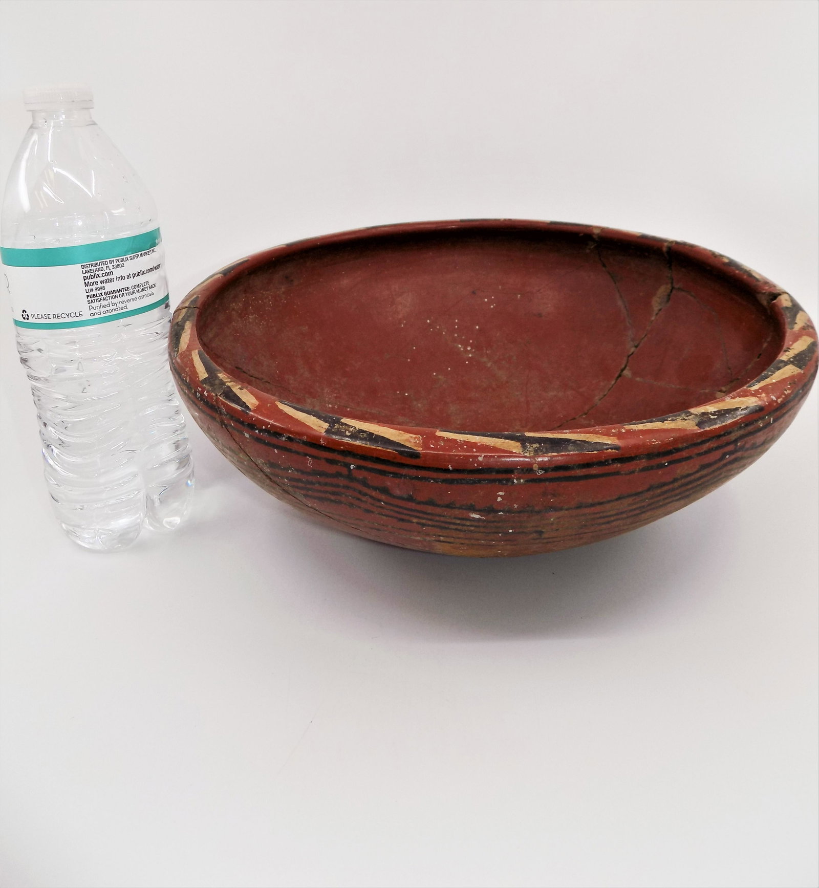 Pre-Columbian Polychrome Oversized Bowl, Geometric: Pre-Columbian Polychrome Oversized Bowl, Geometric Polychrome Lines, Red Slip, Mineral Deposits, Magnesium Blooms, Dimensions: 11 1/2" x 3 3/4", Origin: Central America, Age: 500-800 A.D.