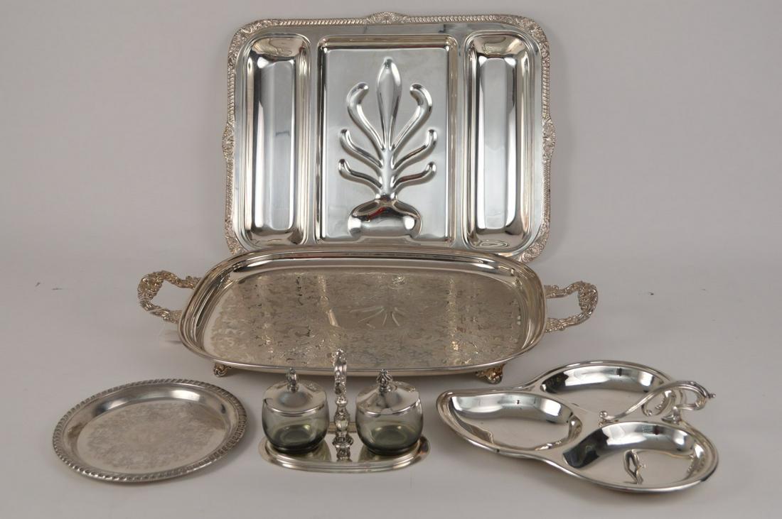Lot of 5 Silverplate pcs, 2 large trays, small round: Lot of 5 Silverplate pcs, 2 large trays, small round tray, condiment server and serving tray