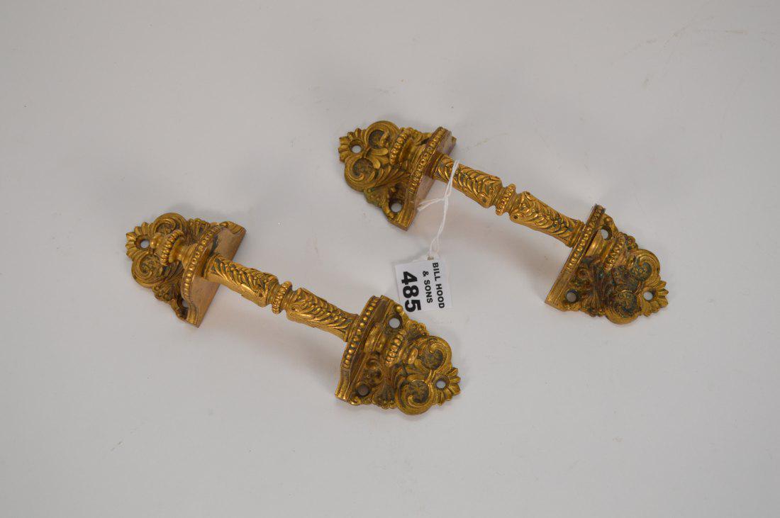 Pair Dore Bronze door pulls, circa 1900, 7"L: Pair Dore Bronze door pulls, circa 1900, 7"L