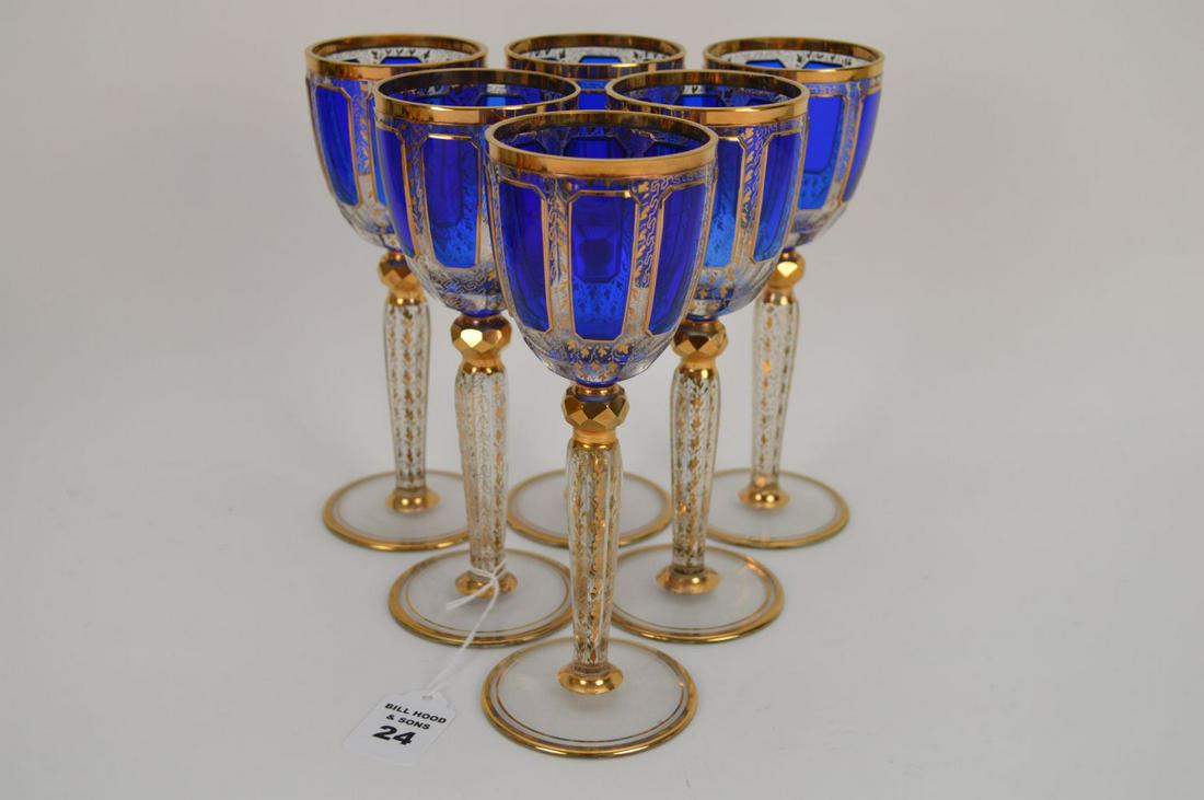 6 MOSER BOHEMIAN GLASS WINE GOBLETS. Each glass with: 6 MOSER BOHEMIAN GLASS WINE GOBLETS. Each glass with raise blue lobes and gilt decoration. Condition: good with no cracks or chips. Height 8 1/4"
