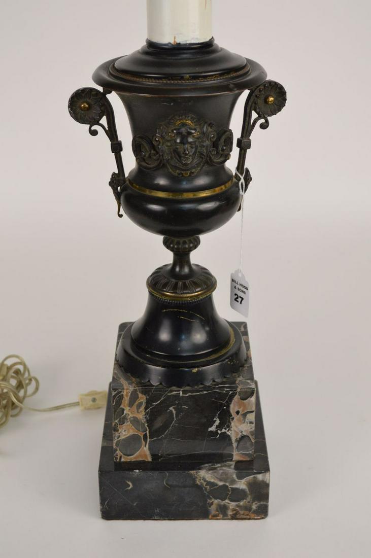 Patinated Metal Urn Form Lamp on a marble base. (1 of 7)