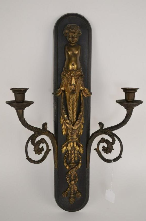 GILT BRONZE & PATINATED BRONZE FIGURAL 2 LIGHT SCONCE. (1 of 6)