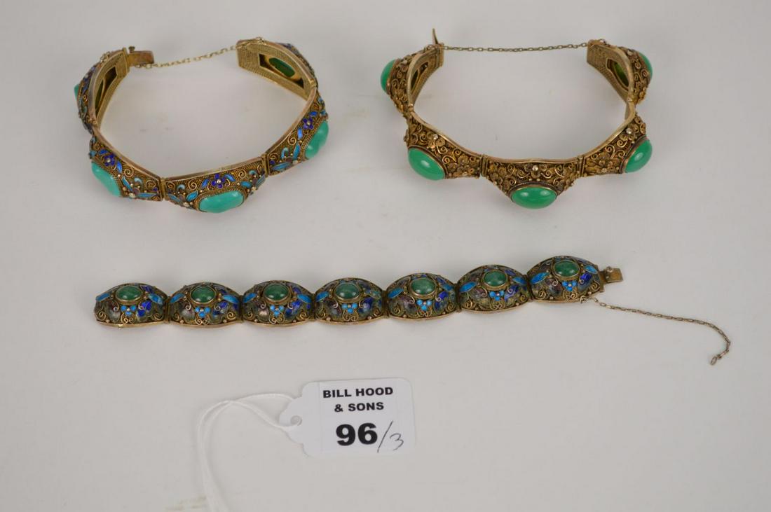 3 Asian Silver Gilded Bracelets,  7" with safety clasp (1 of 7)