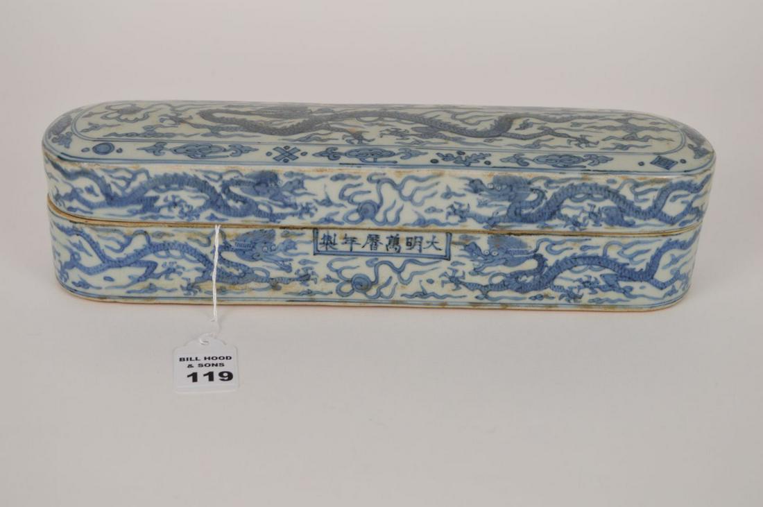 CHINESE QING DYNASTY BLUE & WHITE PORCELAIN PEN BOX. (1 of 4)