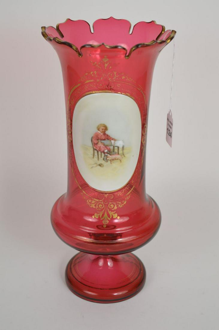 BOHEMIAN CRANBERRY GLASS PORTRAIT VASE with a child: BOHEMIAN CRANBERRY GLASS PORTRAIT VASE with a child reading scene center and gilt decoration. Condition: no cracks or chips. Height 13 3/4"