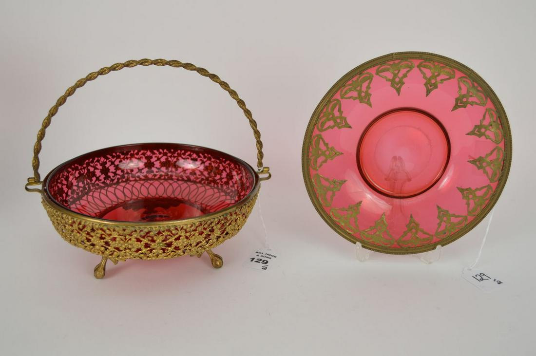 2 BOHEMIAN CRANBERRY GLASS & GILT METAL ARTICLES. (1 of 6)