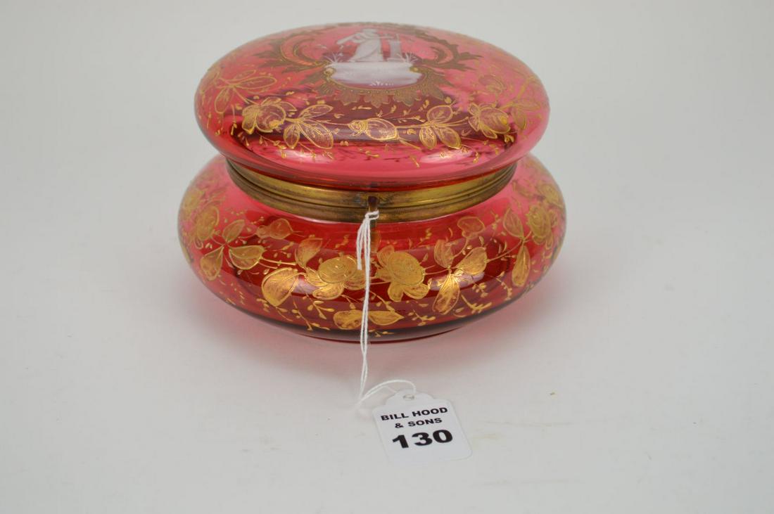 BOHEMIAN CRANBERRY GLASS BOX WITH MARY GREGORY ENAMELED (1 of 5)
