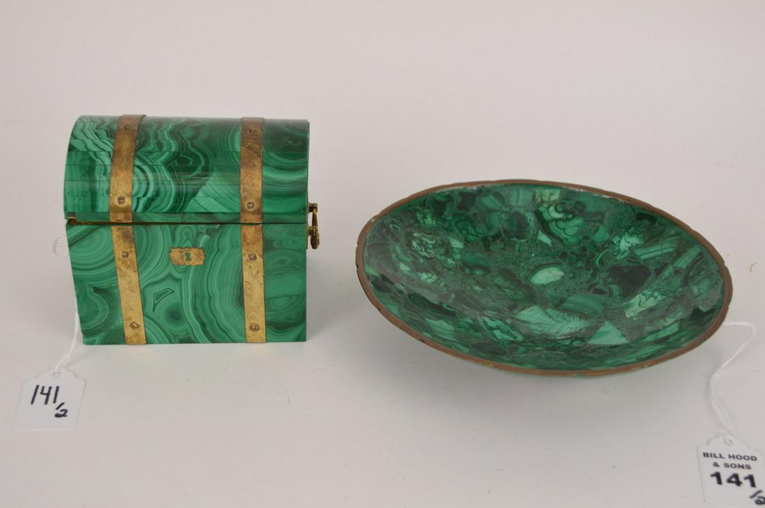MALACHITE & BRASS DOME SHAPED BOX with hinged top. (1 of 7)