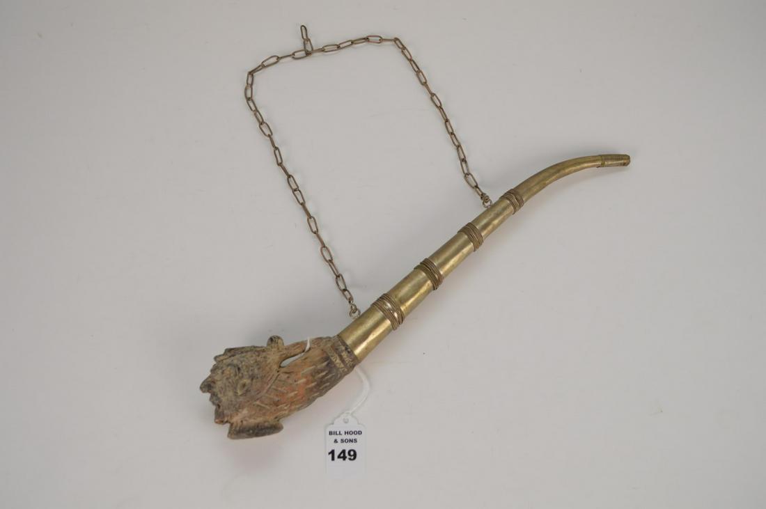 METAL PIPE WITH EARLY POTTERY FIGURAL DEVIL BOWL. (1 of 6)