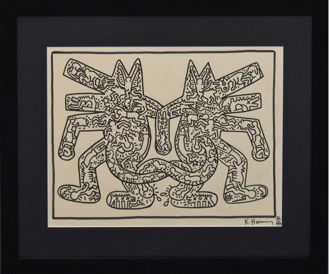 KEITH HARING ABSTRACT, marker drawing 2 dogs, 13 x 18: KEITH HARING ABSTRACT, marker drawing 2 dogs, 13 x 18 inches