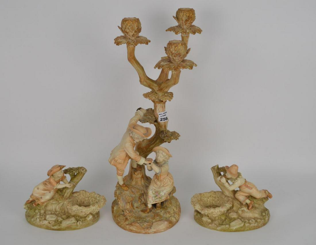 Royal Worcester Single 3 branch figural candelabra with: Royal Worcester Single 3 branch figural candelabra with 2 figurines