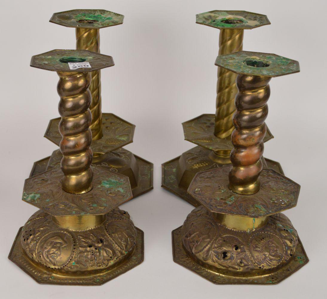 4 Persian brass twist column candlesticks, 11"h (1 of 6)