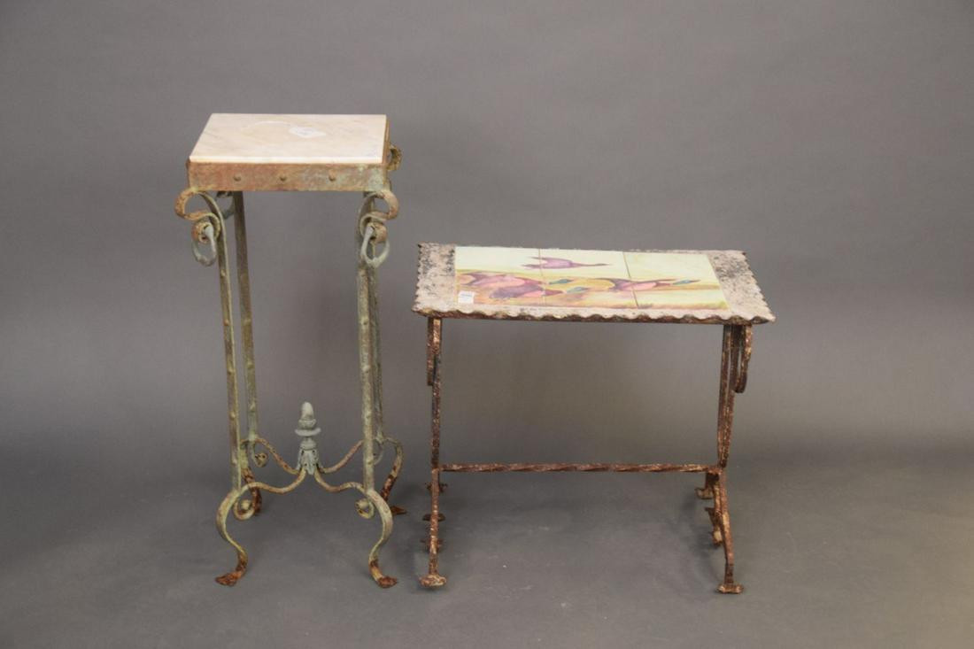 2 iron side tables, one with 6 tiles depicting ducks in (1 of 3)