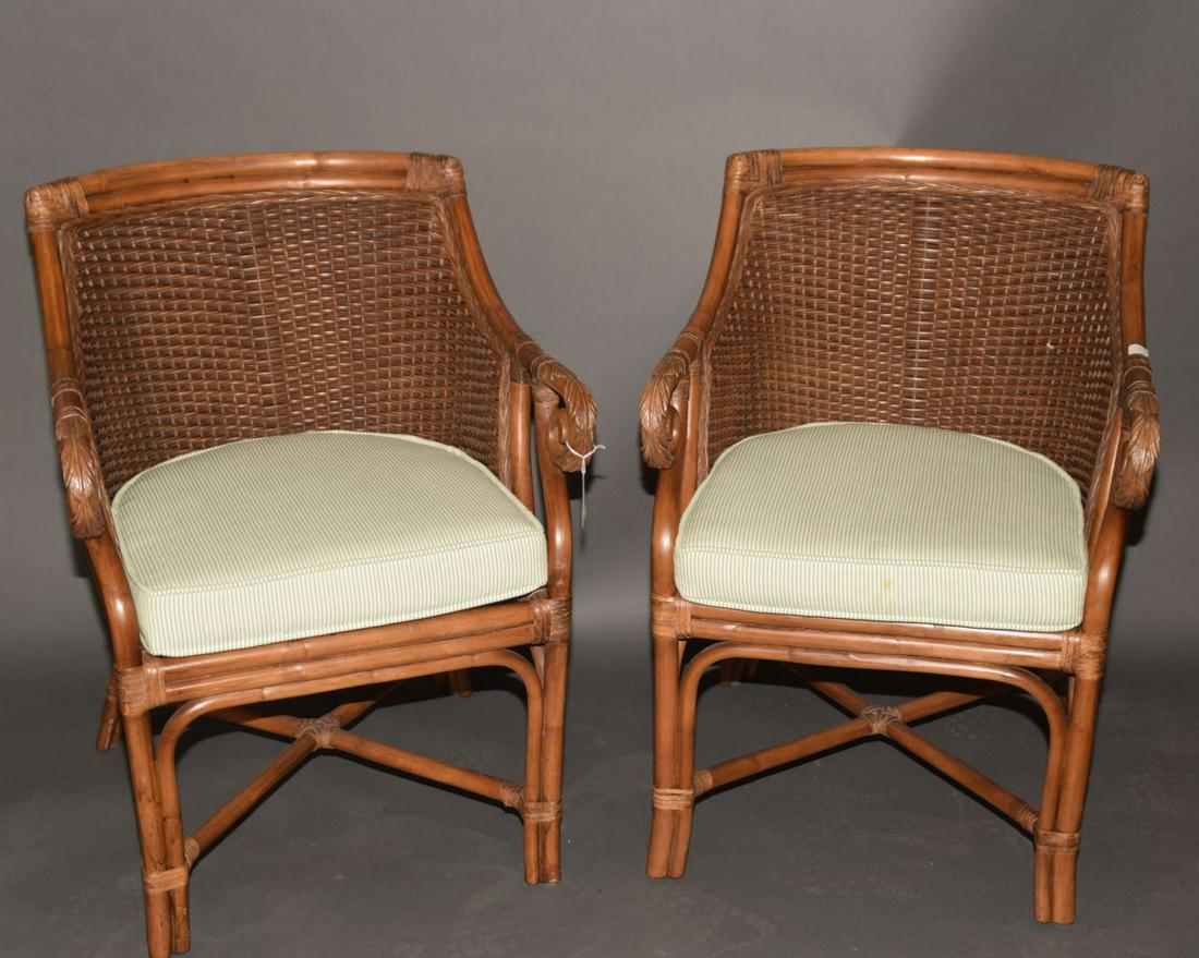 Pair Rattan Carved Arm Chair with woven backs: Pair Rattan Carved Arm Chair with woven backs