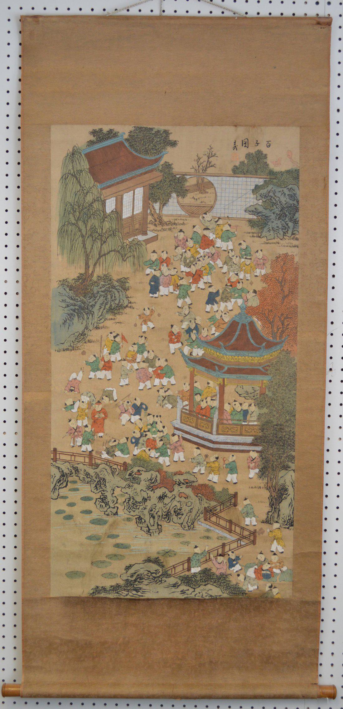 CHINESE SCROLL 100 kids playing - Canton Scene, signed (1 of 8)