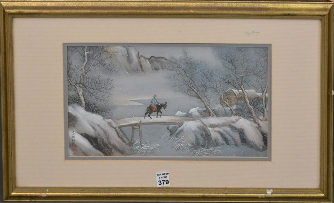 Chinese Wintery Bridge Watercolor/Gouache, signed lower (1 of 5)