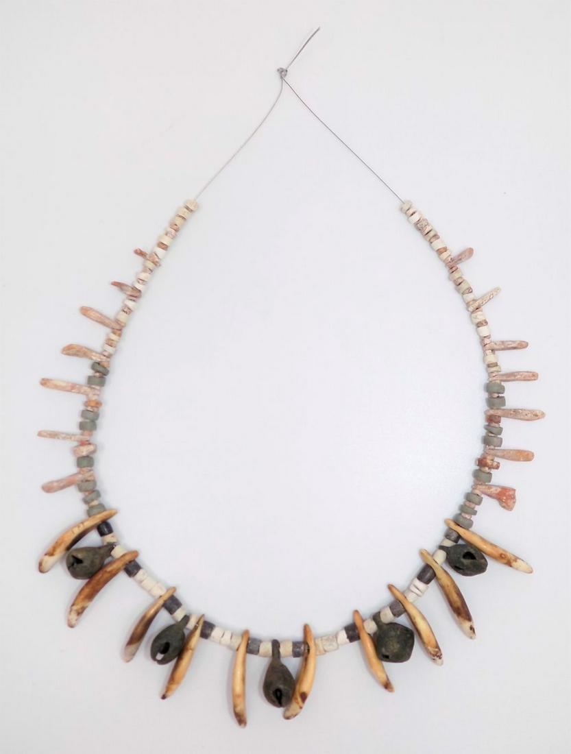 Pre-Columbian Copper Bell Necklace, 5 Large Copper: Pre-Columbian Copper Bell Necklace, 5 Large Copper Bells with Rattles, Pre-Columbian Animal Teeth, Pre-Columbian Green Stone and Shell Beads, Dimensions:8" Drop Length, Origin: South America, Age: 800