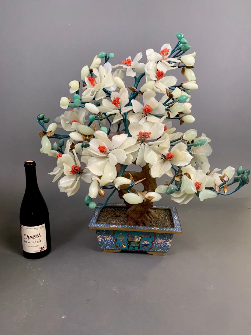 LARGE CHINESE JADE TREE IN CLOISONNE POT (1 of 6)