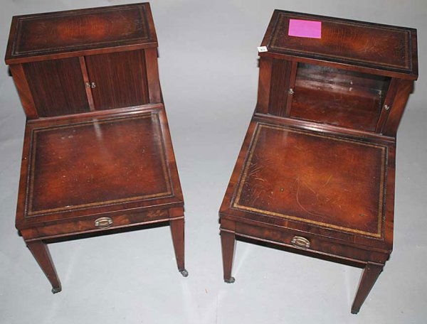 Pair of 1940's mahogany leather topped step end tab: Pair of 1940's mahogany leather topped step end tables with tambour cabinet doors