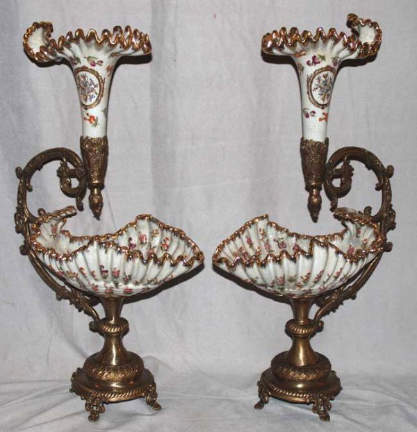 Pair of bronze and porcelain epergnes, 23"h: Pair of bronze and porcelain epergnes, 23"h